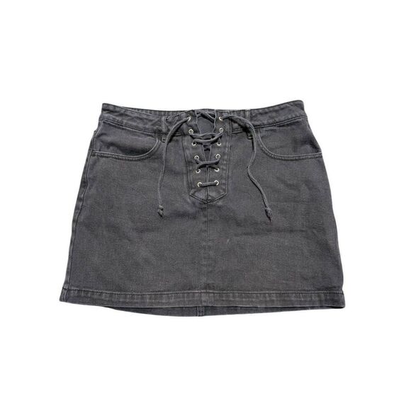 Kendall & Kylie Black Mid Rise Mini Criss Cross Drawstring Womens Denim Skirt 28 - Picture 1 of 4